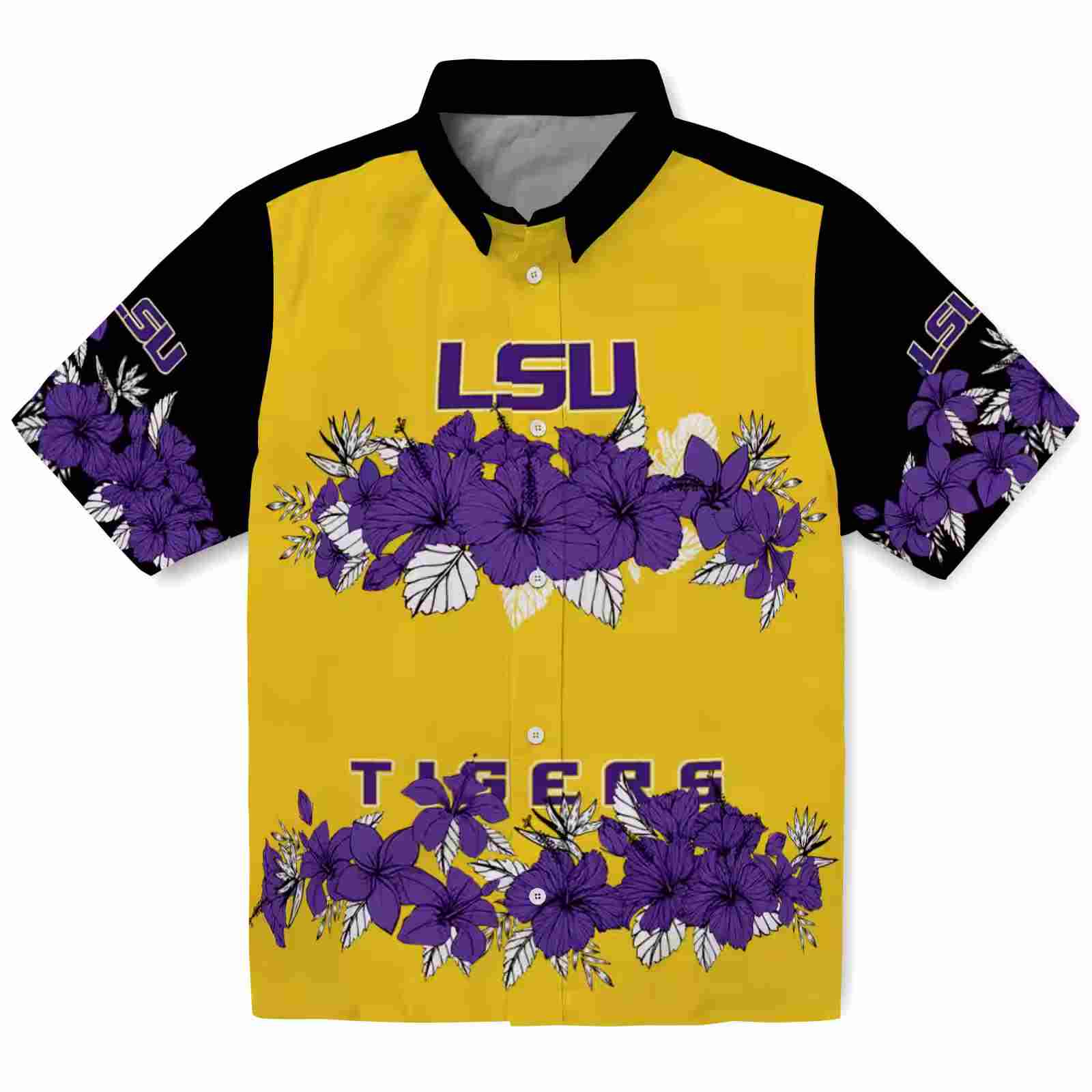 Lsu Tigers Hibiscus Stripe Purple Black Hawaiian Shirt