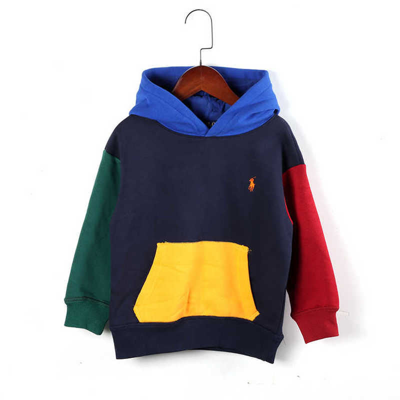 Spring and Autumn Boys’ Fleece Sweater Coat Pony Embroidery Girls Casual Color Matching Exquisite Pullover Hooded Clothes alx