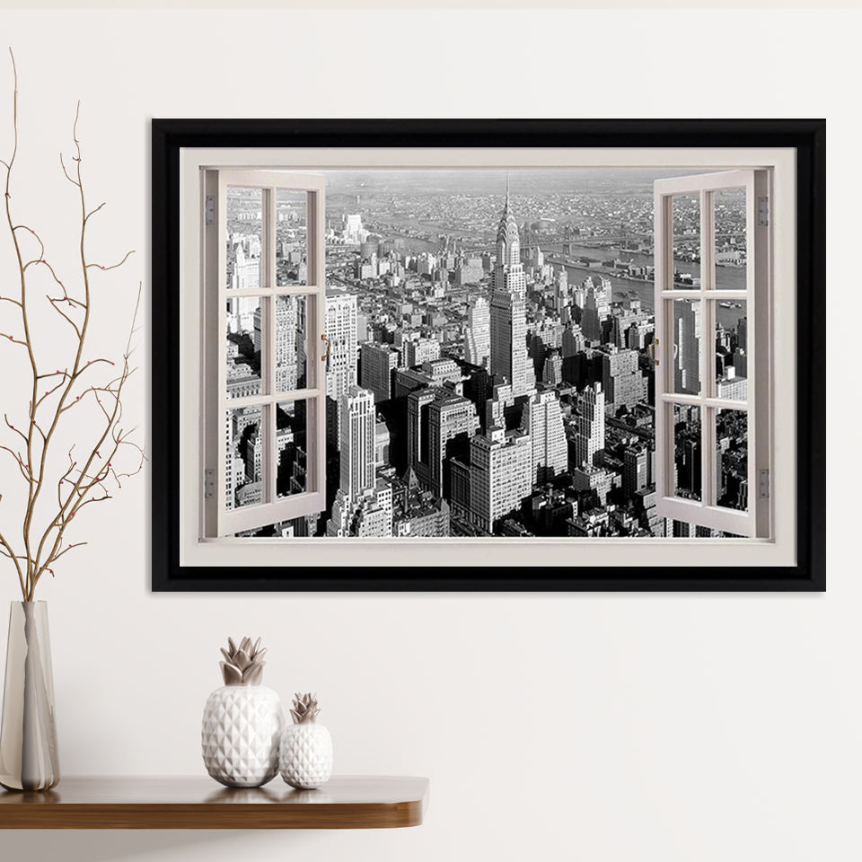 Black And White 1930S New York City 3D Window Bay View Framed Canvas Print – Canvas Painting, Canvas Art, Wall Art, Wall Decor