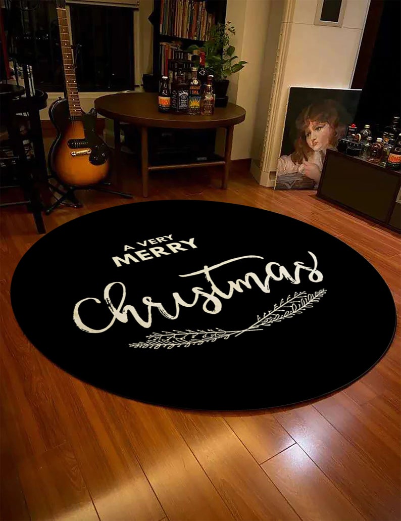 Black Merry Christmas Rug, Décor For Christmas Tree, Gift For Christmas, Christmas Home Décor, Holiday Décor, Black Round Rug, Custom Rug