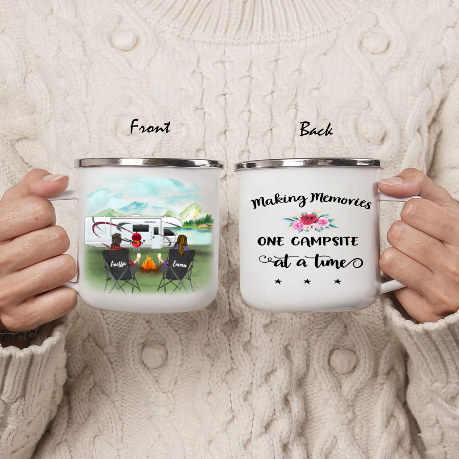 Personalized camping campfire mug, Gift For Same Sex Couple, Camping Lovers – 2 Women Enamel – Making memories one campsite at a time
