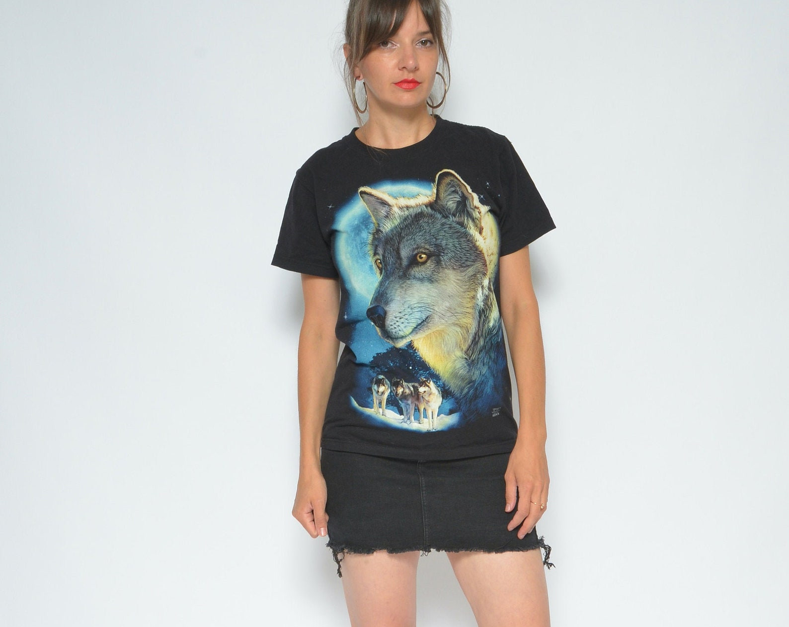 Wolf Black T Shirt  Vintage 90S Vintage Wild Animal Top