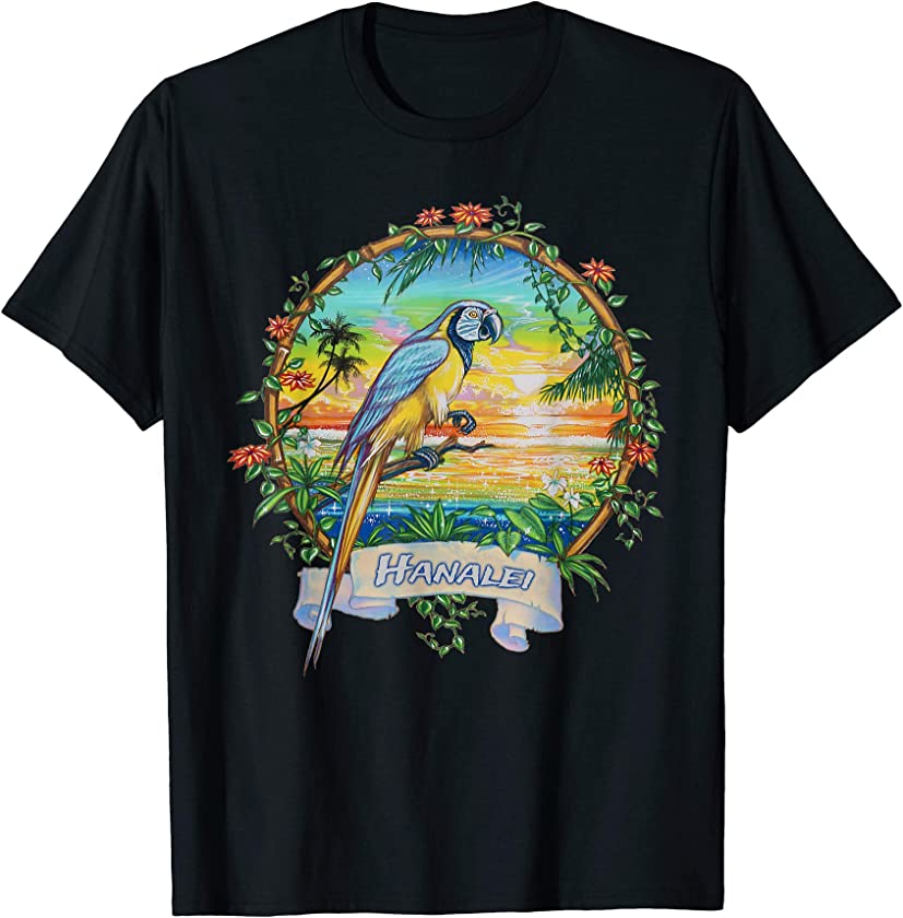 Vintage Parrot Tropical Sunset Beach Hanalei Kauai Vacation T-Shirt