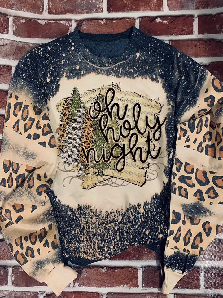 Oh Holy Night Print Long Sleeve Sweatshirt Leopard Pattern Christmas Gift Xmas Gift