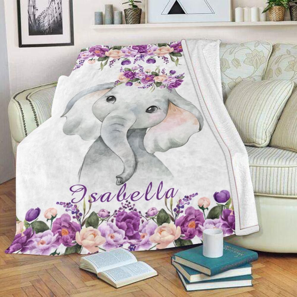 Jsabella Cute Elephant With Purple Flowers Name Custom Text Printed Fleece Blanket