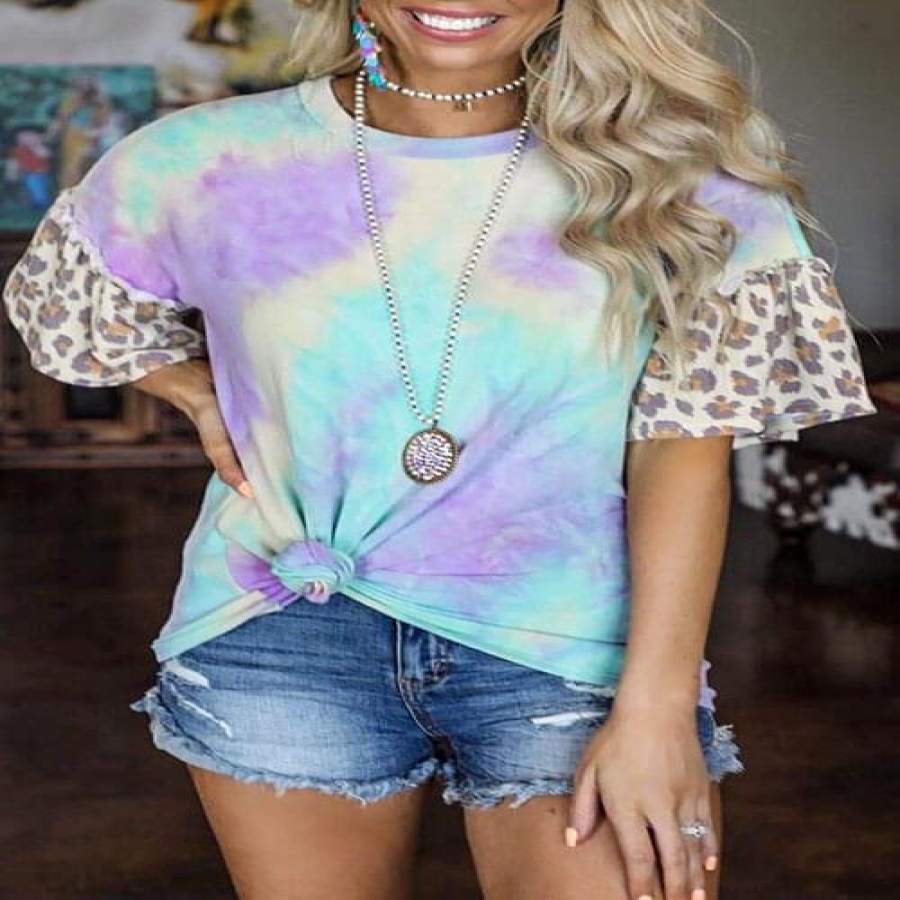 Tie-Dye Leopard Ruffle Sleeve Shirt Tops