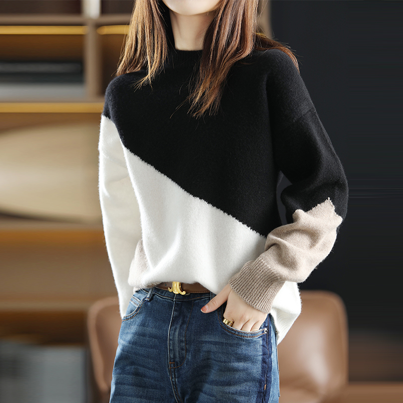 2021Women 100%Pure Wool Cashmere Sweater Fashion New Color-Blocking Knit Large Size Pullover Fall/Winter Warm Loose Thick Blouse alx