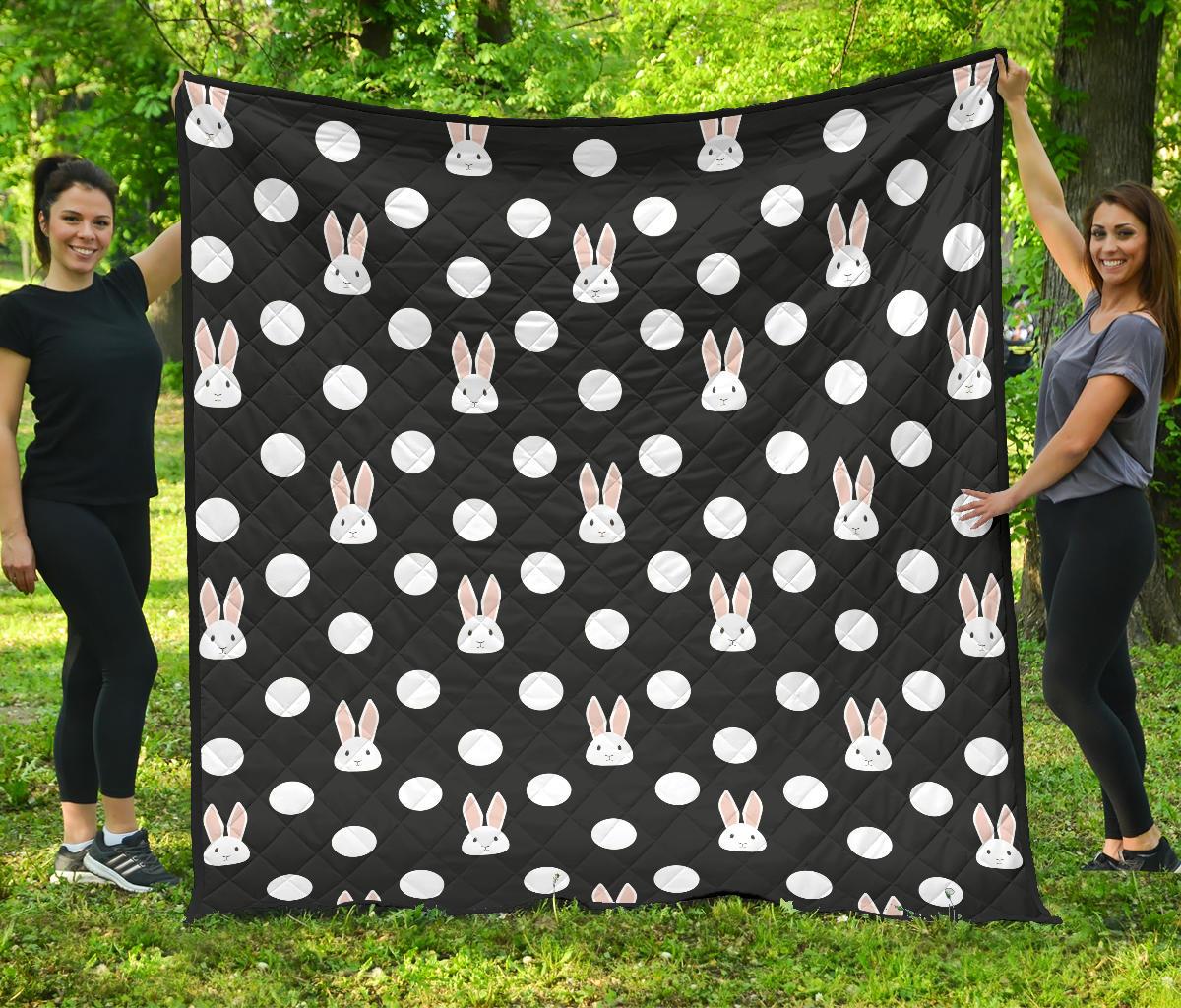 Cute White Rabbit Polka Dots Black Background Premium Quilt