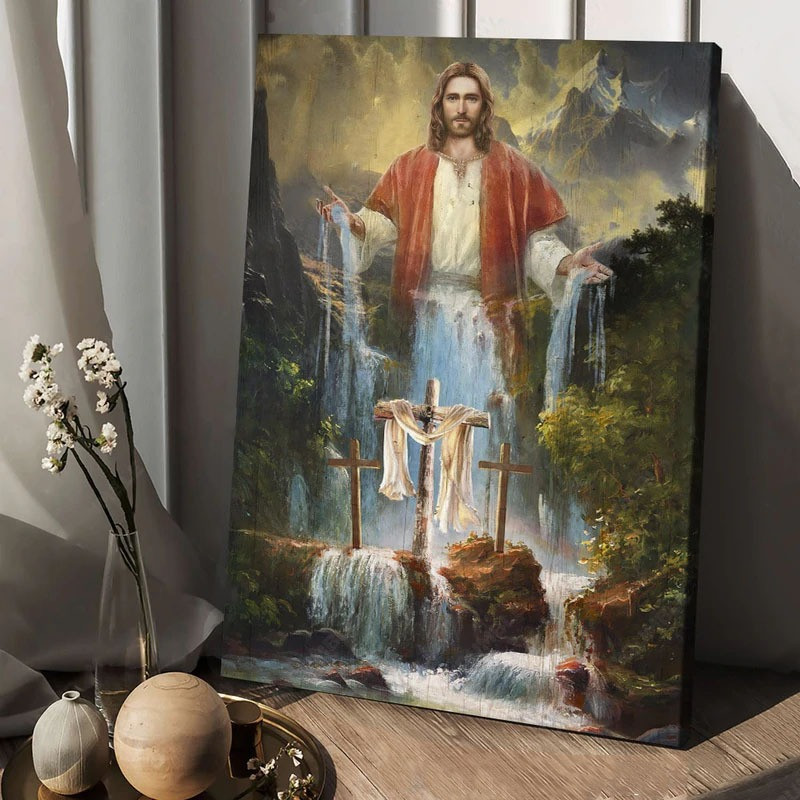 Jesus – Waterfall Drawing, Beautiful Forest, Cross Canvas And Poster 240