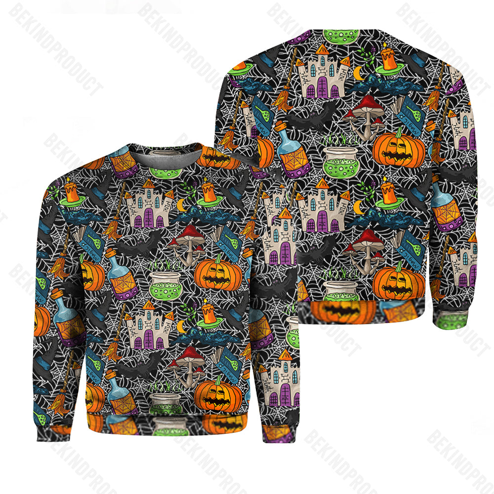 Witch Castle Bat Pumpkin Hat Black Halloween Crewneck Sweatshirt All Over Print Sweatshirt For Women Sweatshirt For Men Swn1199