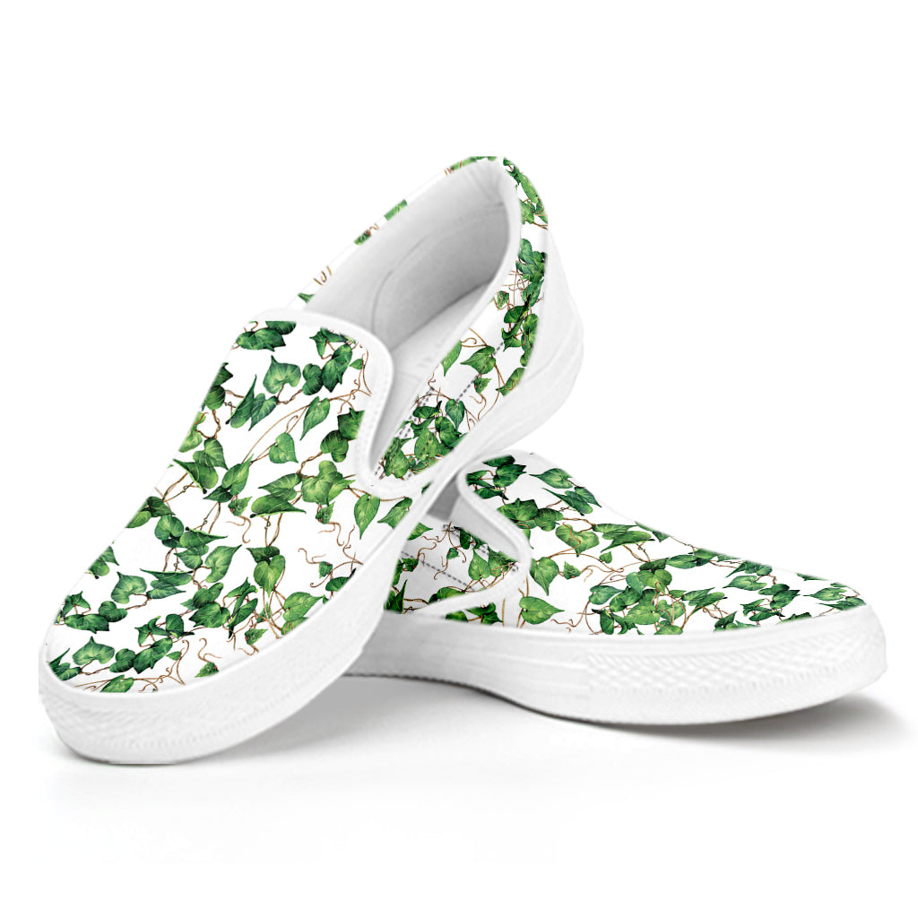 Watercolor Ivy Leaf Pattern Print White Slip On Shoes