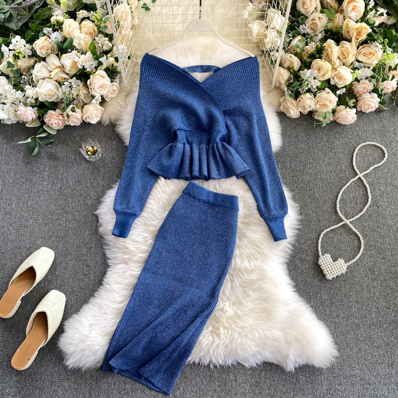 Tinomiswa Elegant Skirts Sets Loing Sleeve Sweater High Waist Skirt Pure Color Korean Streetwear Women Two Piece Set Outfits alx