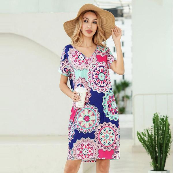 Summer New American Short Sleeve Woman Dress Printed V-Neck Pocket Dress Hot Style Leopard Print Dress