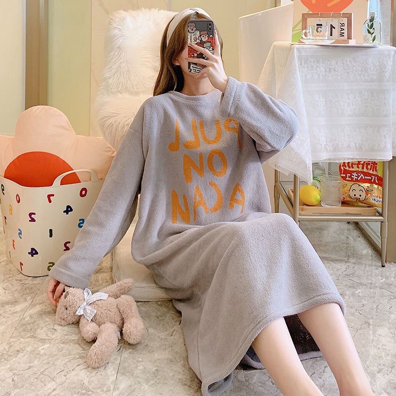 2022 Winter Thick Warm Long Sleeve Flannel Nightgown for Women Korean Loose Coral Velvet Sleepwear Night Dress Nightdress Nighty alx