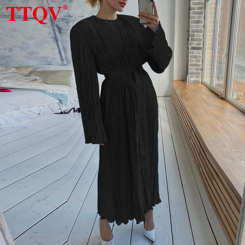 TTQV Casual Loose Blue Midi Dress Ladies Fashion Long Sleeve Office Spring Dress 2022 Vintage Ruched Elegant Dresses For Women alx