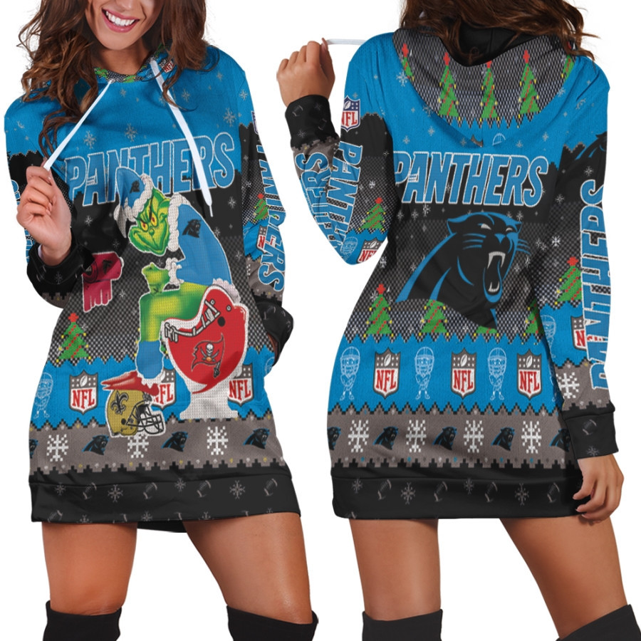 Santa Grinch Carolina Panthers Sitting On Buccaneers Falcons Saints Toilet Christmas Gift For Panthers Fans Hoodie Dress