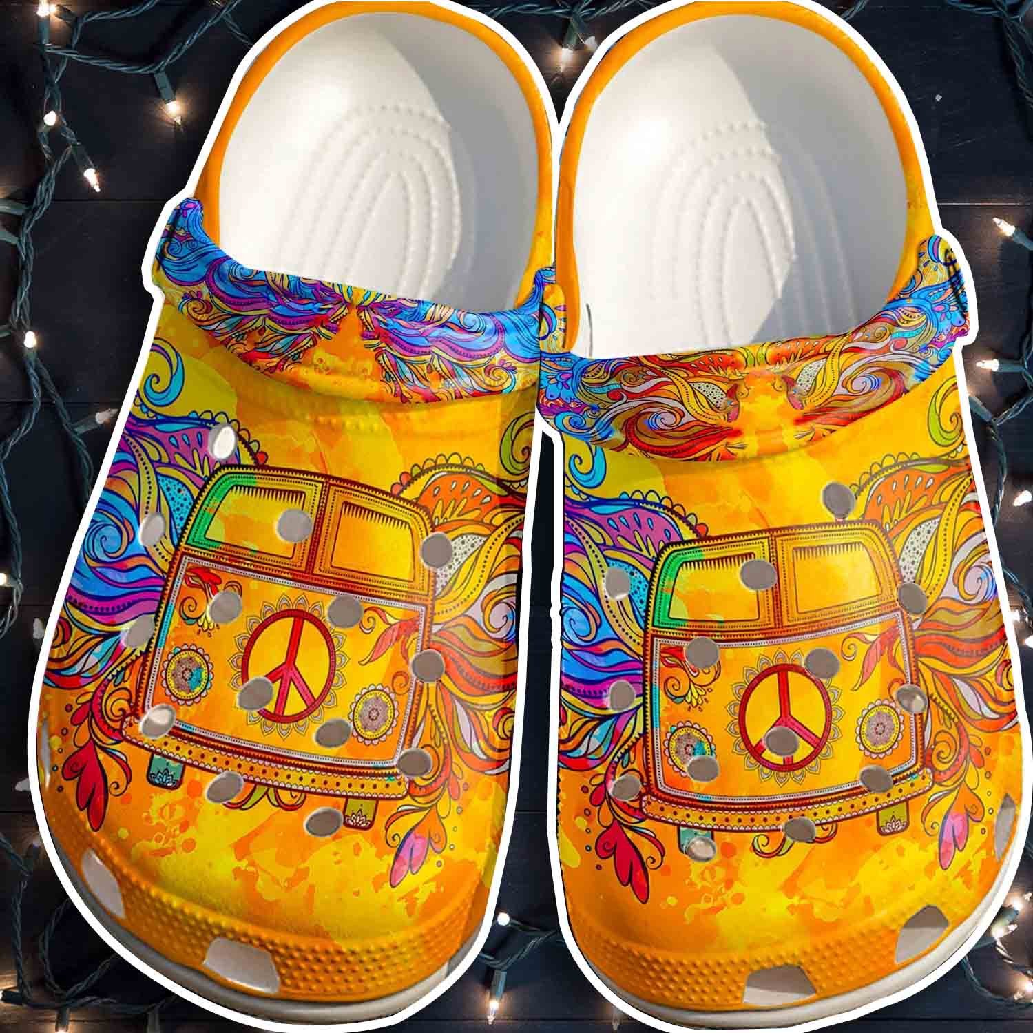 Yellow Car Hippie Crocs Shoes Clogs Men Women – Peace Bus Custom Crocs Shoes Clogs Gifts For Son Daughter