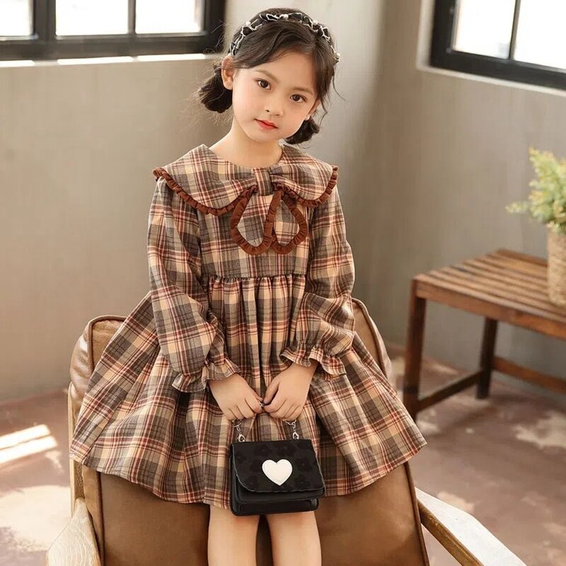 6-14 Years Kids Long Sleeve Dresses for Girls Plaid Floal Princess Dress with Bow Autumn Spring Children’s Clothing Girl Dress 8 alx