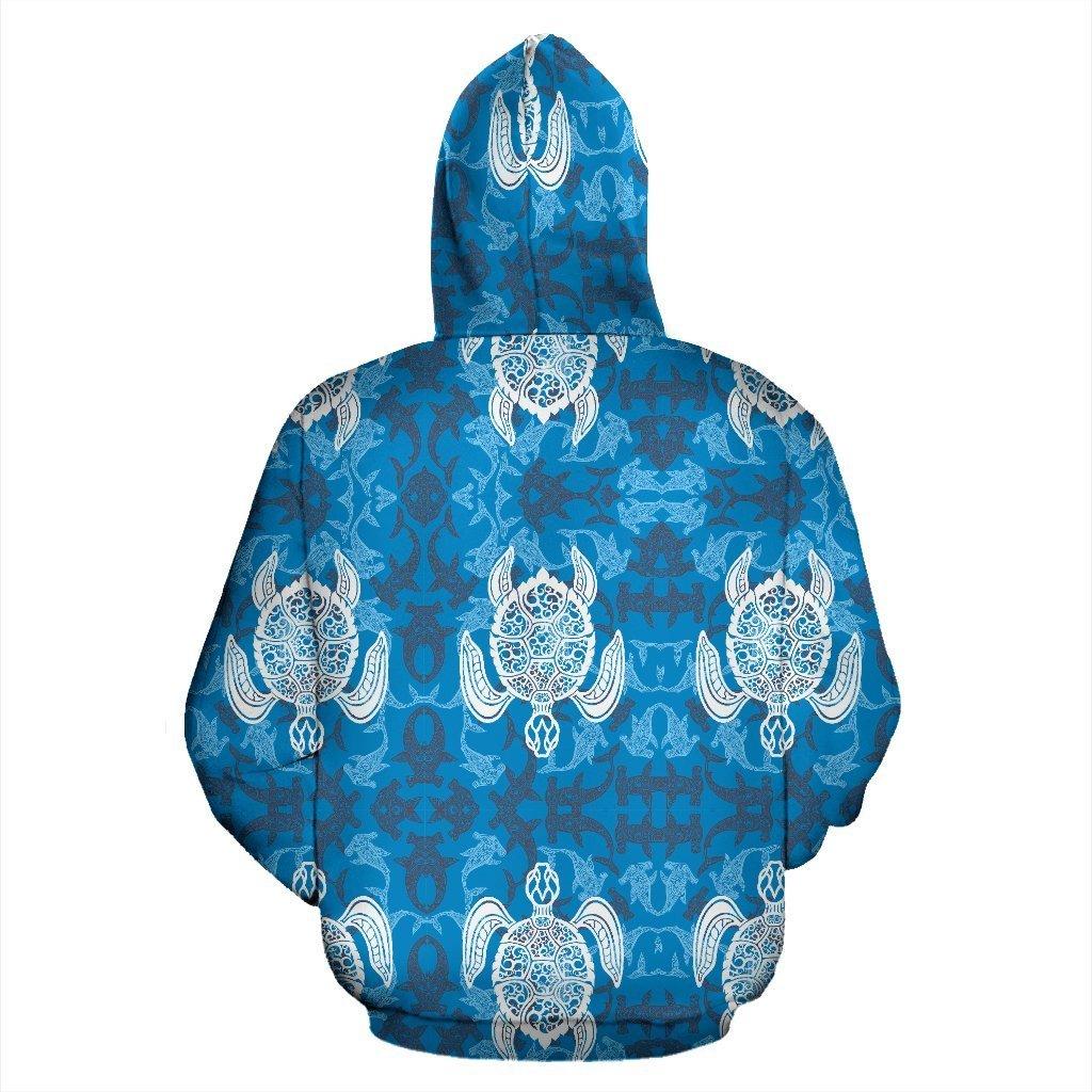 Blue Hawaiian Shark Sea Turtle Pattern Print Women Men Pullover Hoodie