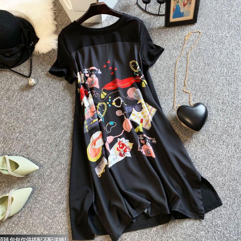 5XL Summer Casual Long Dress For Women 2022 Elegant Short Sleeves Loose Vintage Fashion Spliced Floral Pattern Basic Black Dress alx