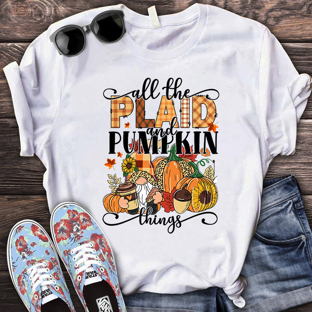 All The Plaid And Pumpkin Things Pumpking Leopard Gnome Fall T Shirt