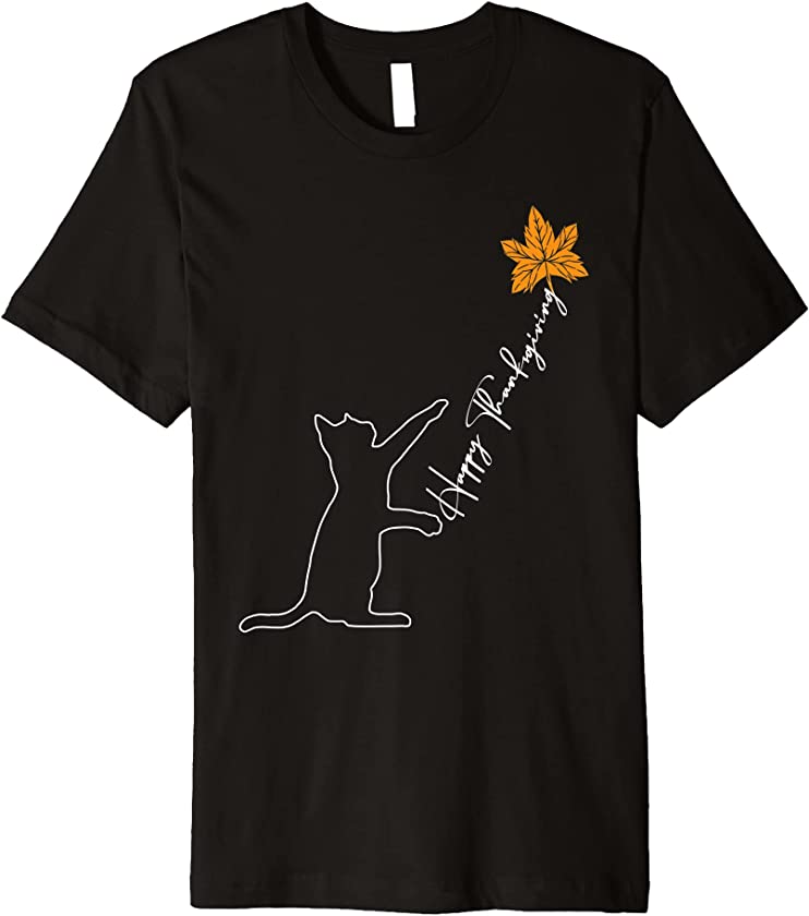 Cat Fall Leaf Balloon Thanksgiving Day Cute Kitten Autumn Premium T-Shirt