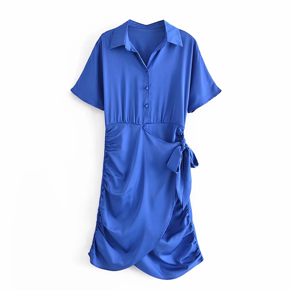 Summer Women Blue Satin Mini V-neck Dress Female Vintage Casual Chic Slim Side Tie Short Sleeve Single-Breasted Dresses alx