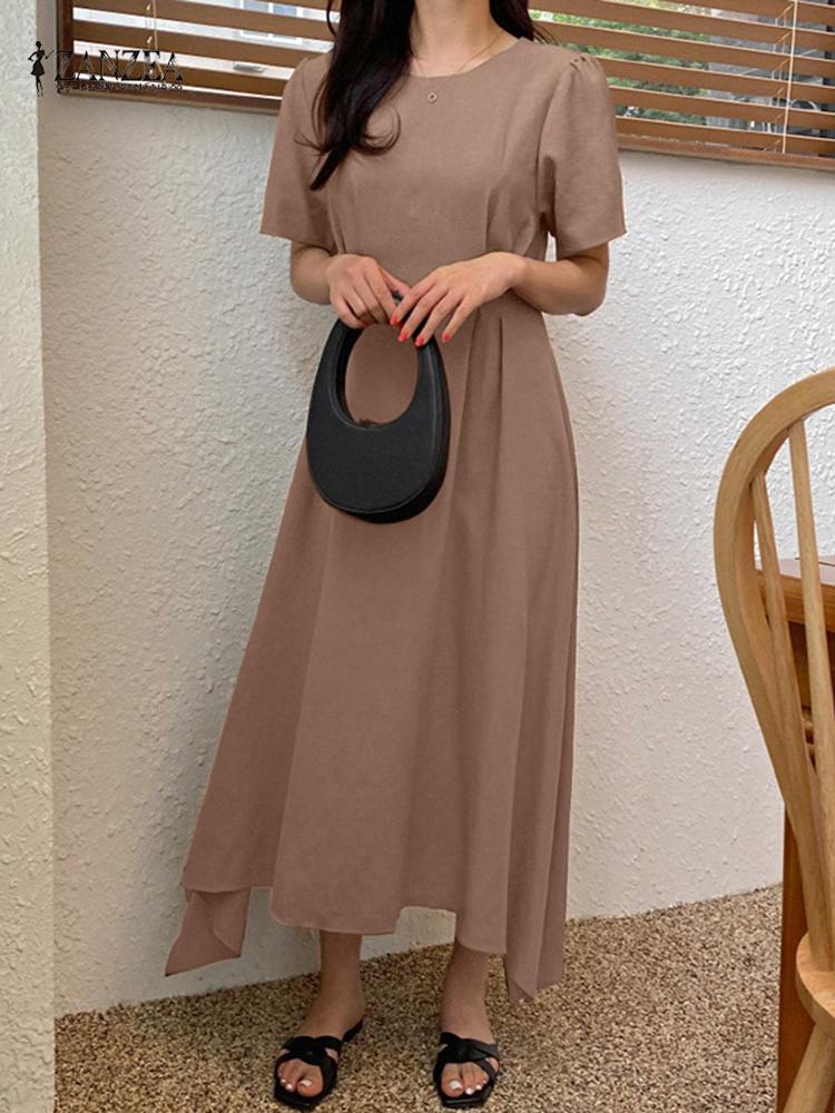 ZANZEA Women Solid Color A-line Midi Dress Summer Elegant Short Sleeve Party Sundress Casual Cotton Holiday Vestidos Robe Femme alx