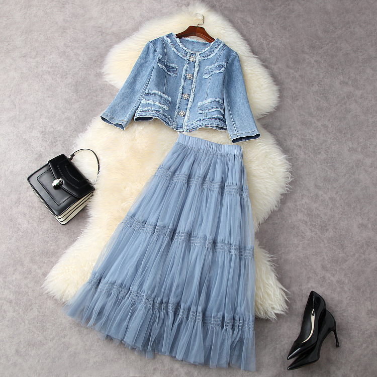 2022 Runway Dress Sets Designer Women Spring Jacket Short Denim Top with Mesh Skirt Suits Business Casual 2 Piece Outfits Blue alx