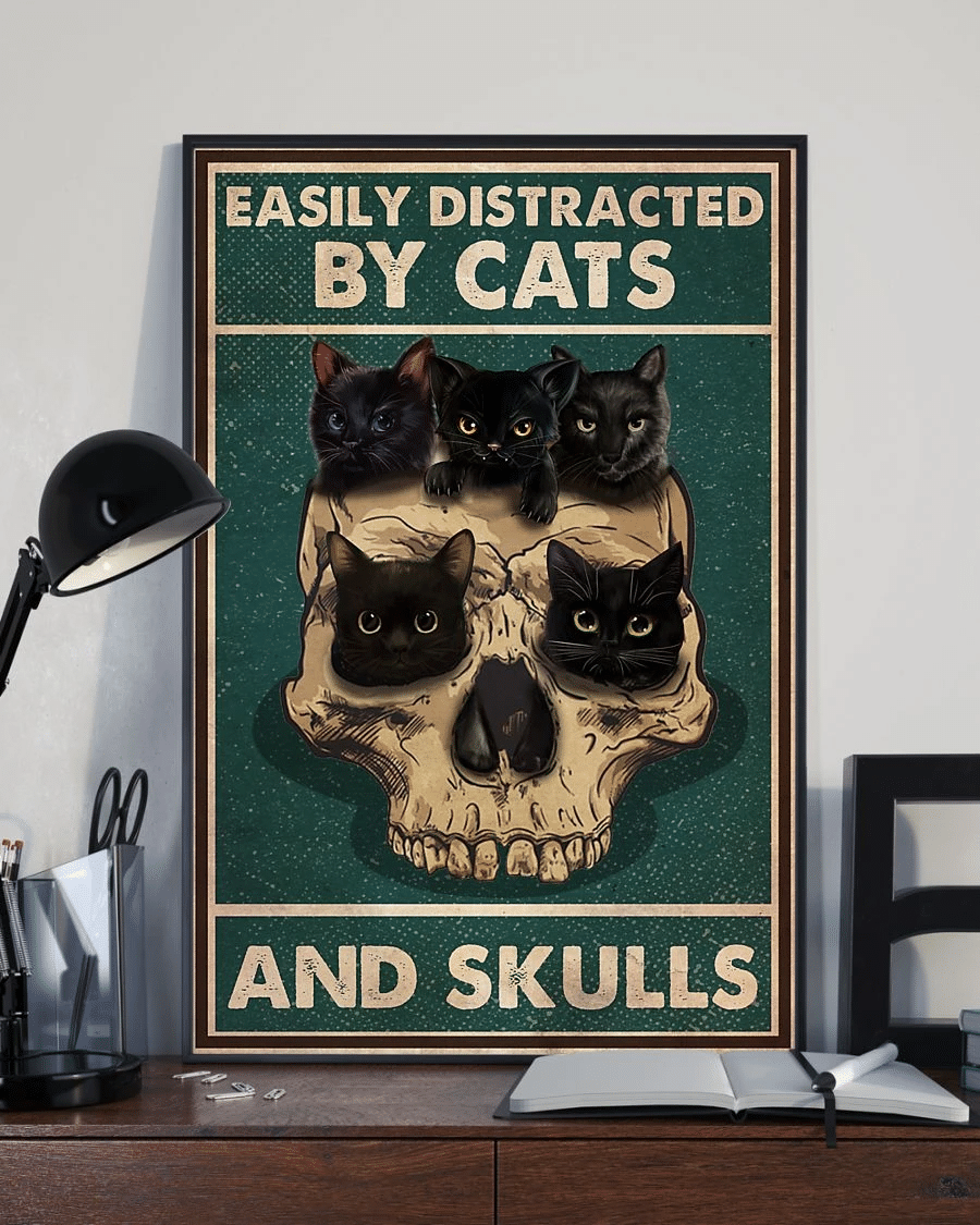 Black Cats And Skulls Poster Canvas – Easily Distracted Vintage Home Decor Wall Art Evg80116