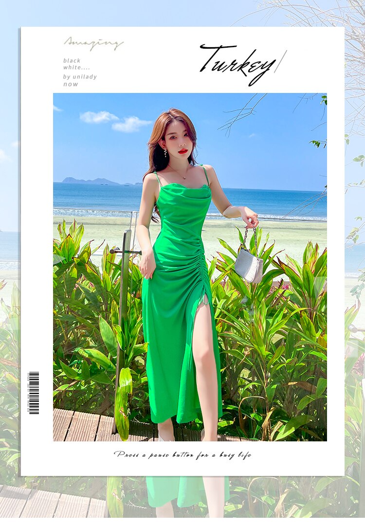 Summer Spaghetti Strap Dress Evening Party Women’s Pleated Split Dress Beach Vacation Suspender Long Dresses Sexy Gree alx