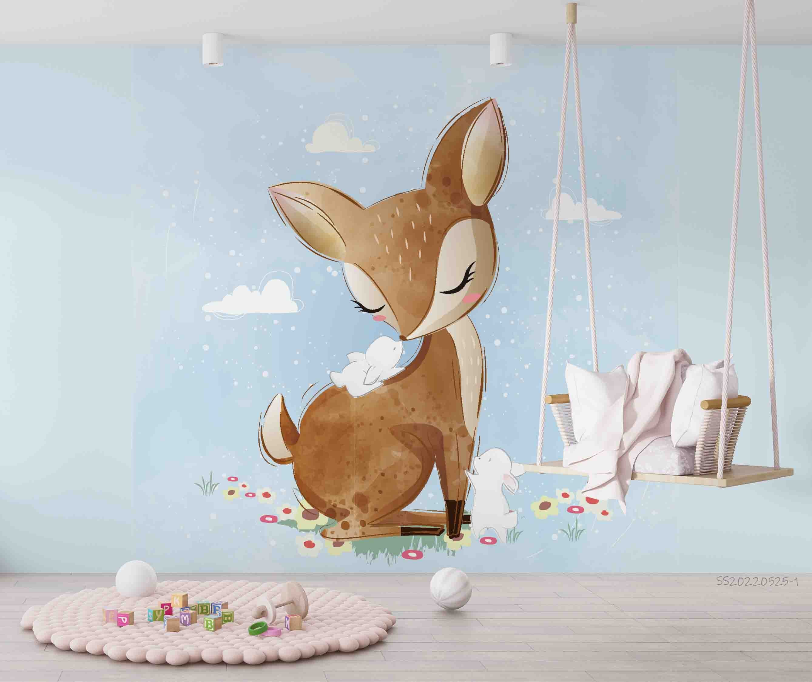 3D Cute Fawn Rabbit Floral Wall Mural Wallpaper Gd 4811