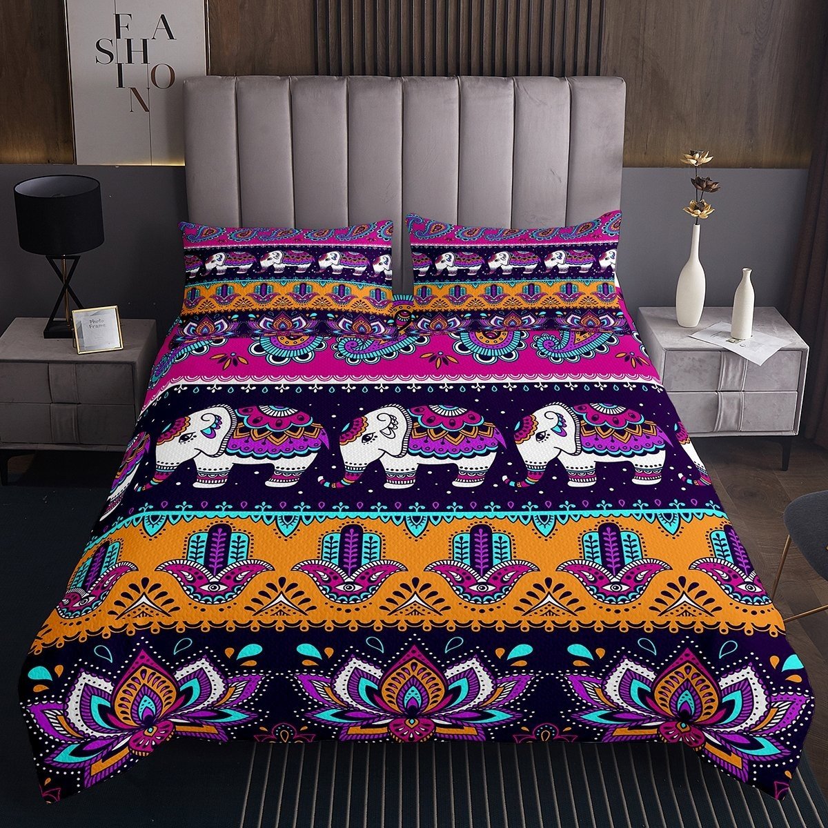 Purple Bohemian Quilt Boho Elephant Coverlet Set Peacock Feather Bedspread For Kids Girls Women Exotic Aztec Tribal Animal Daybed Bedroom Decor Teal