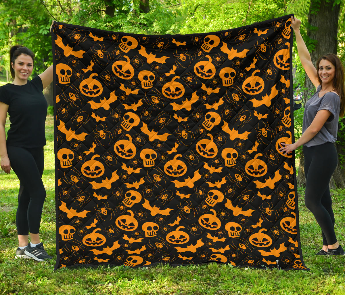 Halloween Premium Quilt | Orange Pumpkin Skull Bat Spider Symbols Quilt Blanket