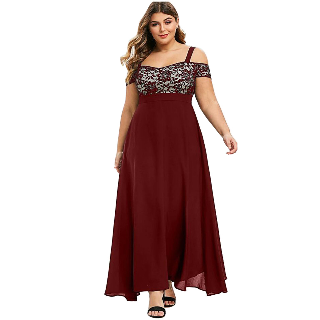 Women Plus Size Off The Shoulder Maxi Dress Floral Lace Ruffle Hem Pleated Patchwork Party Evening Summer Long Dresses Woman alx