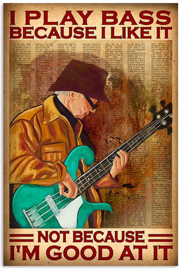 Vintage Old Man Playing Bass Guitar Because Like It Poster Art Print      Home Decor Gift For Men Women Family Frd On Birthday Xmas