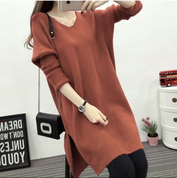 2020 New V-neck Long Sleeve Sweater Dress Women Autumn Winter Loose Tunic Knit Pullovers Sweater Casual Knitted Dresses NS4632 alx