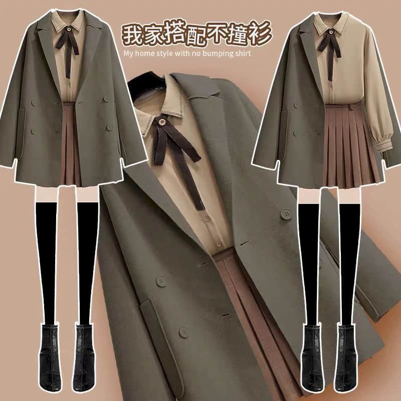 Woolen coat three-piece jacket blouse short skirt size women streetwear autumn winter suit female age reduction double-side alx