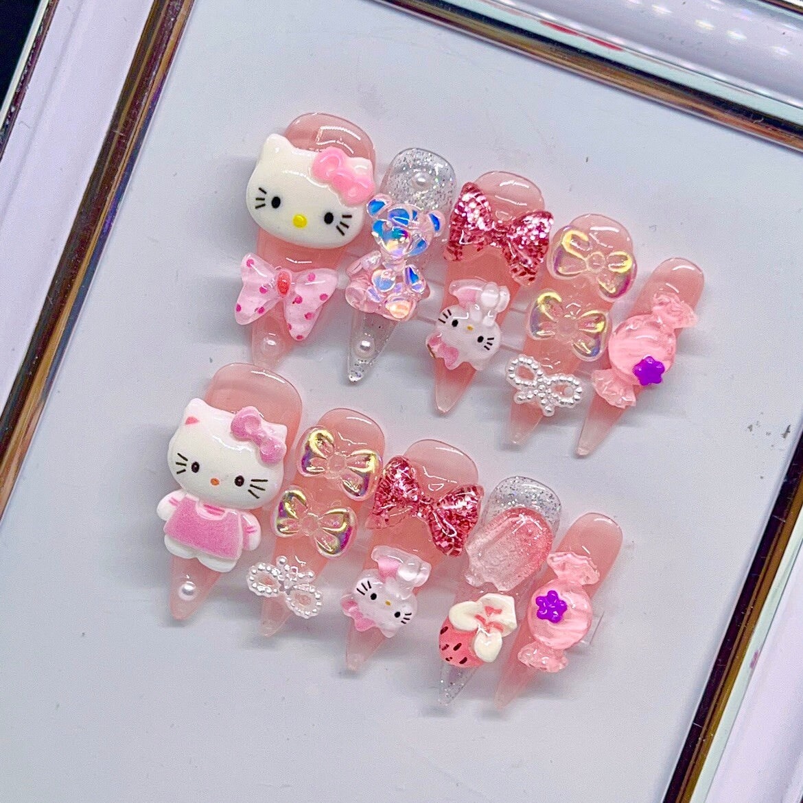 Cute Glitter hot Pink Kittyy Bowtie Candy ice Cream bar strawberry Cute Press On Nails/ Fake nails/ Cute nails #255