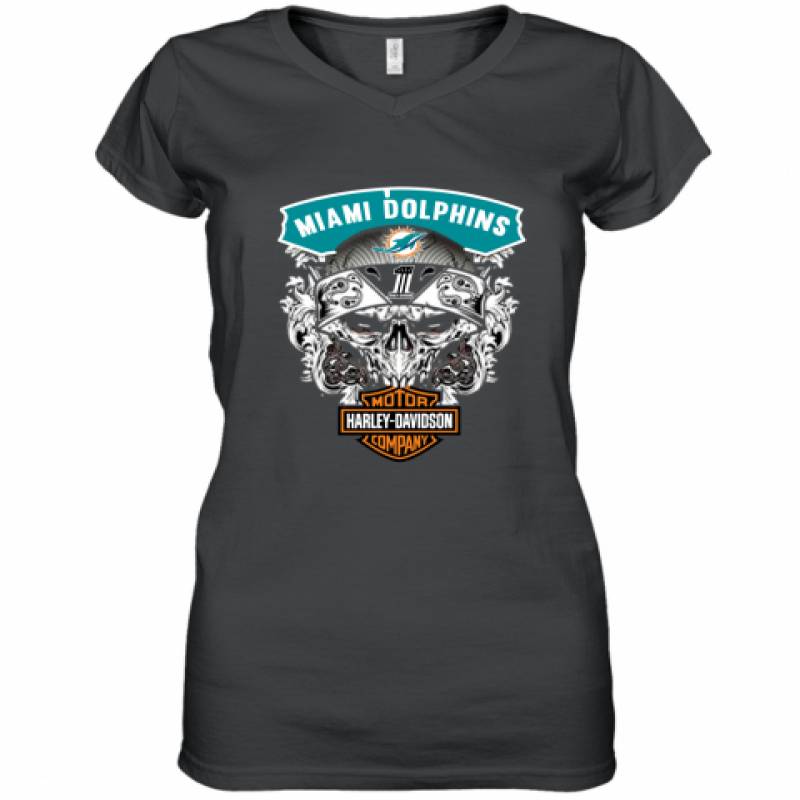 Skull Miami Dolphins Harley Davidson shirt Women's V-Neck T-Shirt