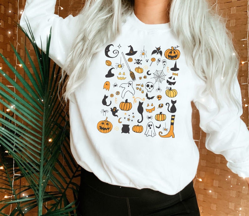 Halloween Doodles Sweatshirt, Halloween Little Things, Witch Pumpkin Long Sleeve Halloween Pullover, Cute Spooky Crewneck Sweater, Plus Size