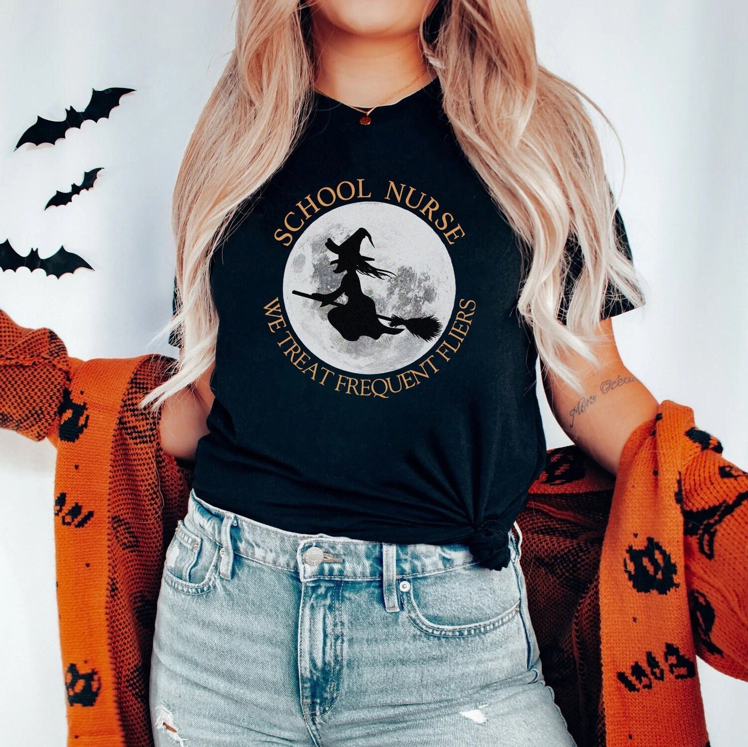 Halloween School Nurse Shirt – Frequent Fliers, Halloween Witch Nursing Rn T-Shirt, Spooky Fall Autumn TShirt, Elementary High School Nurse