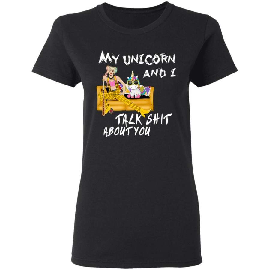 LUCY’S STYLE – My Unicorn and I talk shit about you Harley Quinn – Best gift for Harley Quinn’s Fans, cute Harley Quinn & Unicorn graphic Black T-shirt
