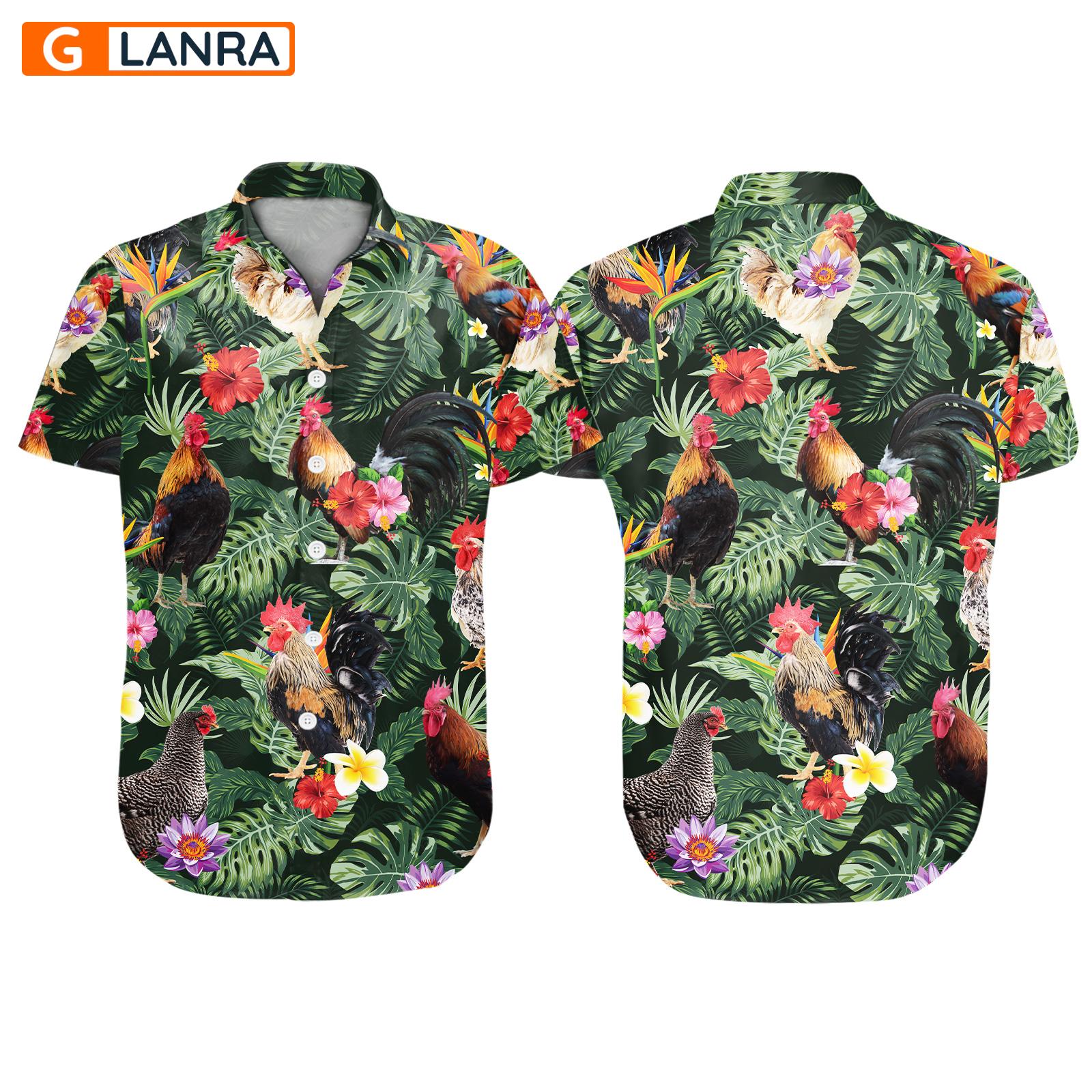 Rooster Tropical Leaves Flower Button Shirt, Rooster Button Shirt, Chicken Hawaiian Shirt, Chicken Leaf Hawaiian Shirt, Summer Tropical Shirt