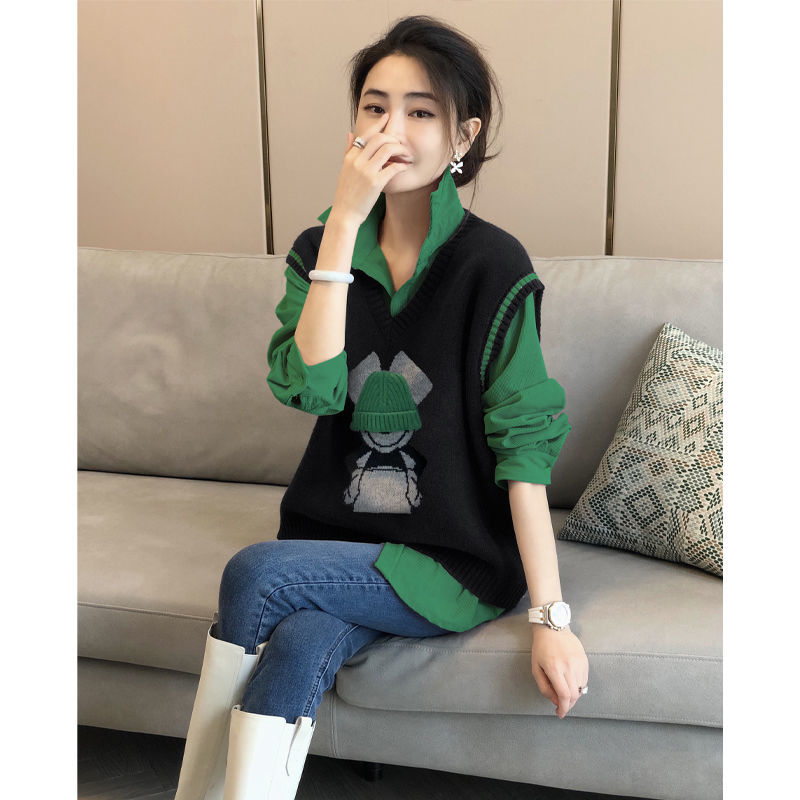 Black knitted vest sweater long fashion top autumn and winter 2022 new v neck casual sleeveless sweater vest female clothing alx