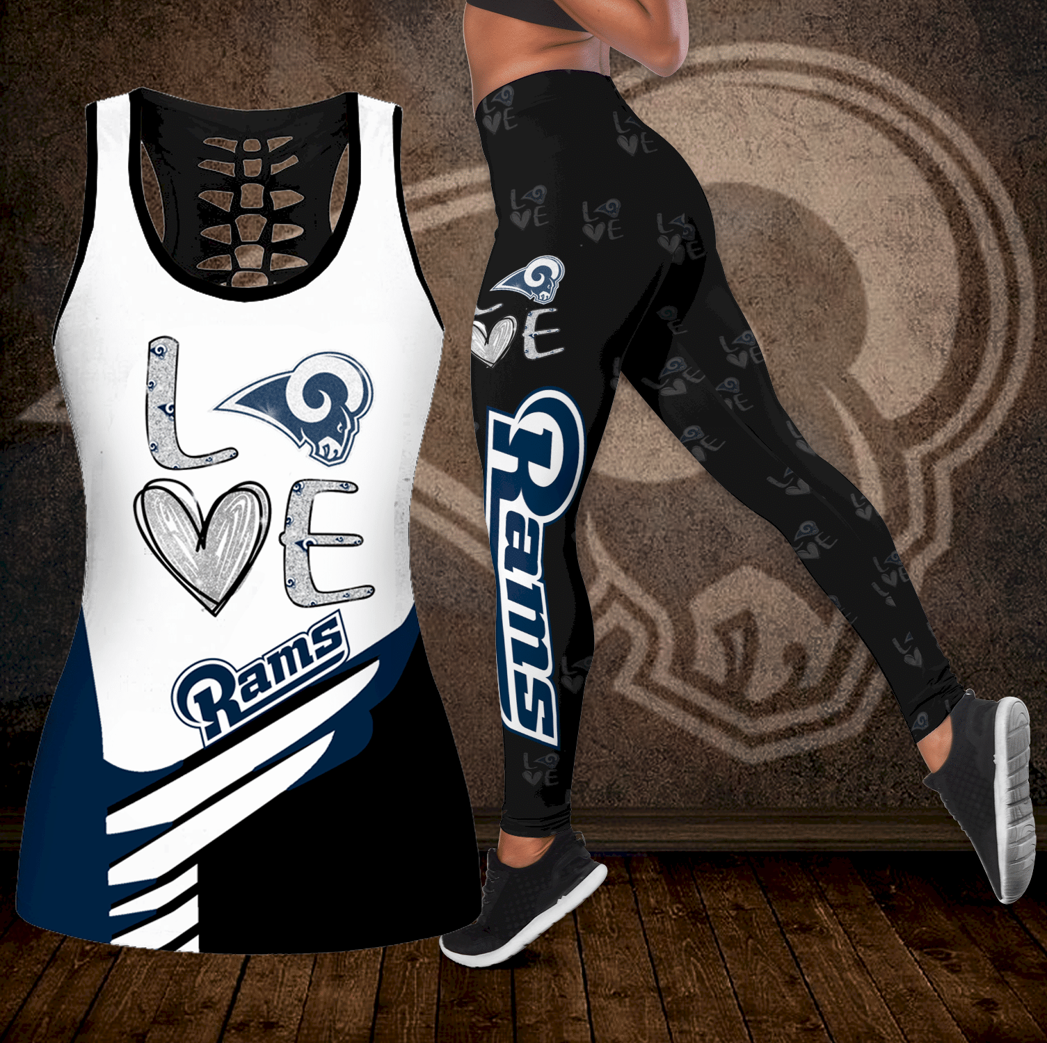 Combo Los Angeles Rams Love Hollow Tanktop Leggings Set Outfit K1991