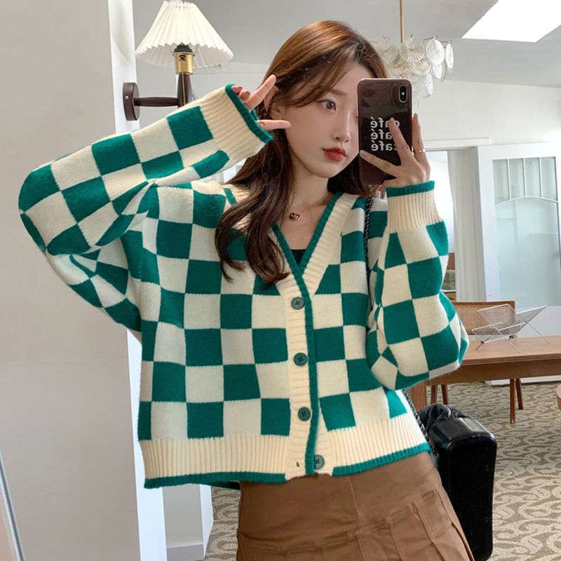 Vintage Checkerboard Cardigan for Women V-Neck Loose Winter Clothes Women Korean Chic Fashion Outwear Oversized Knitted Cardigan alx