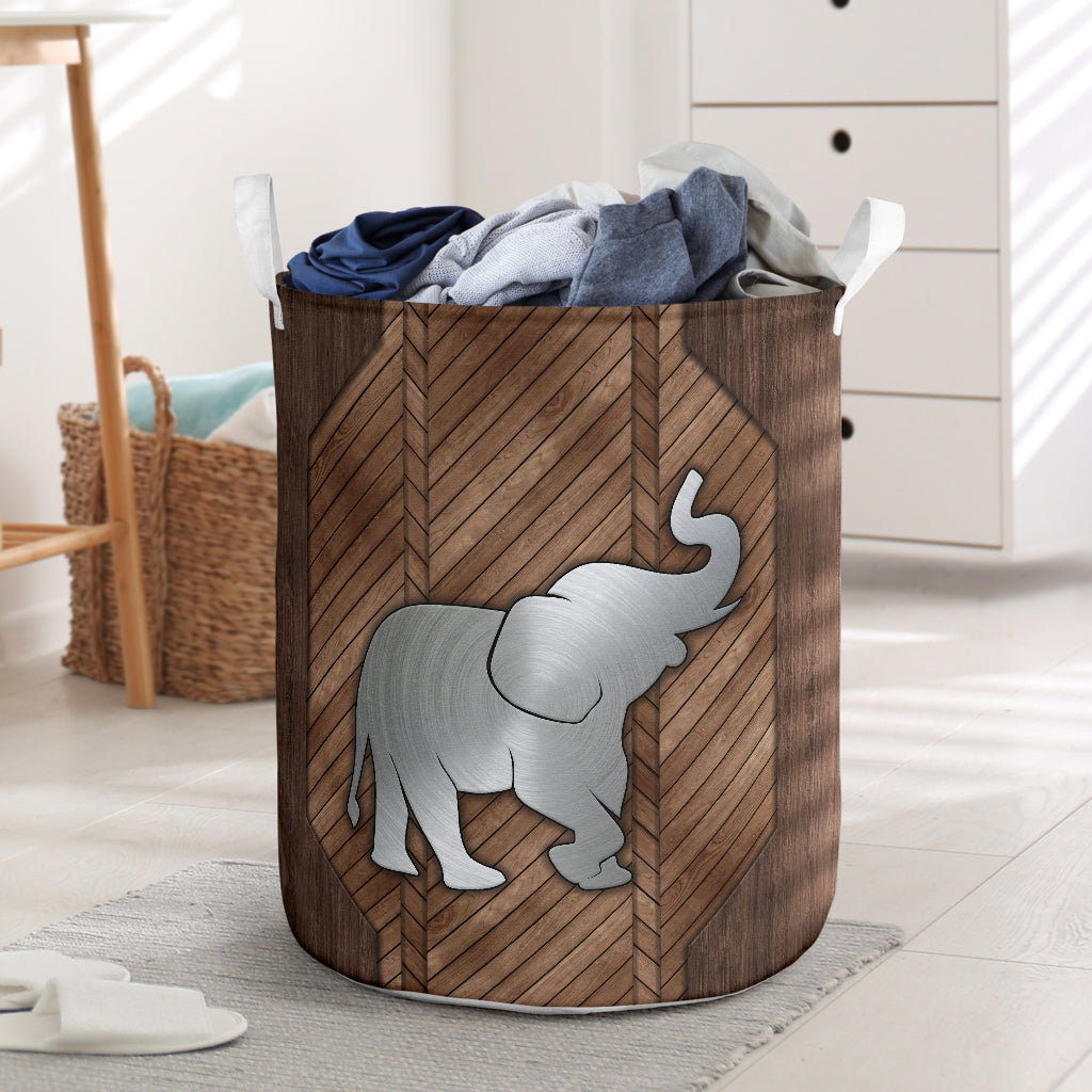 Elephant Wooden Mix Metal Round Laundry Basket All Over Print Toy Clothes Storage Basket Dirty Clothes Basket