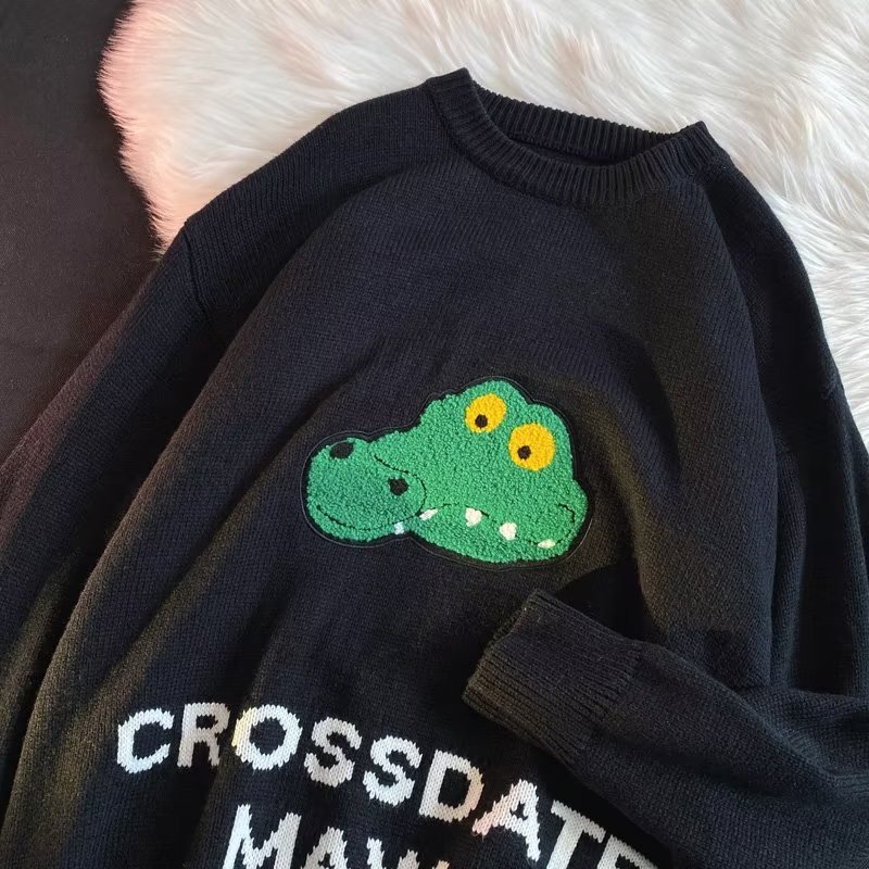 Cartoon Alligator Embroidery Sweater for Men 2022 Autumn Winter New Casual Warm Knit Harajuku Style Women O-neck Loose Pullover alx