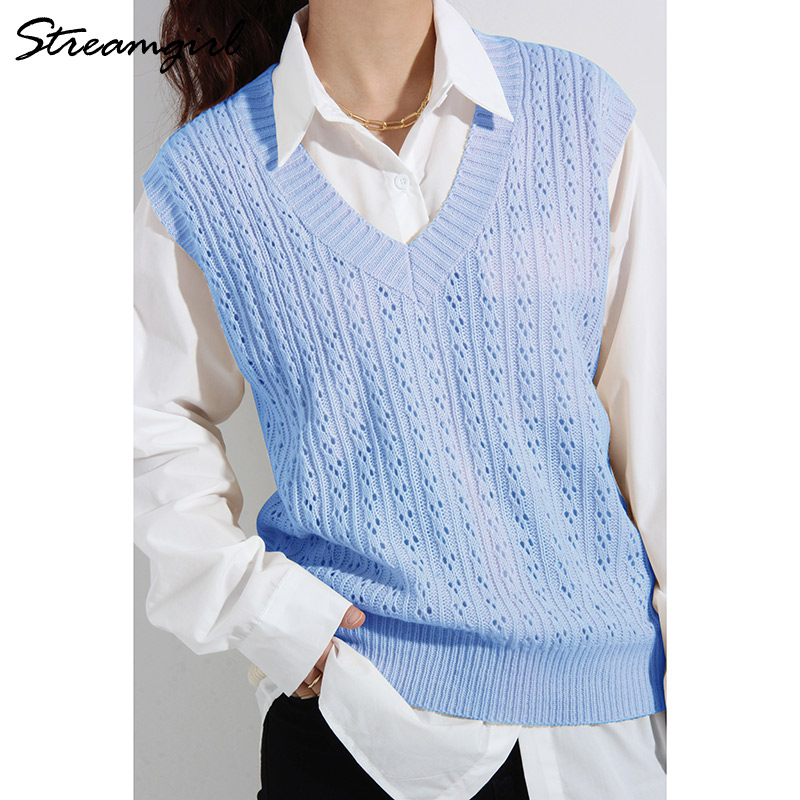 Women Vest Sweater V Neck Knitted Top Sleeveless Spring Women’s Knitted Vest Pink Solid Hollow Out Knitted Vest Women Oversized alx